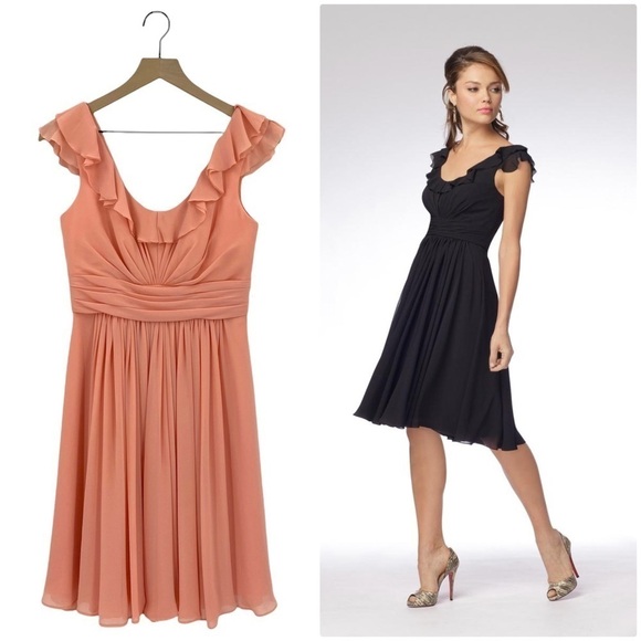 WTOO Bridesmaids 916 Apricot Crinkle Chiffon Flutter Ruffle Knee Length Size 4 - Picture 1 of 9